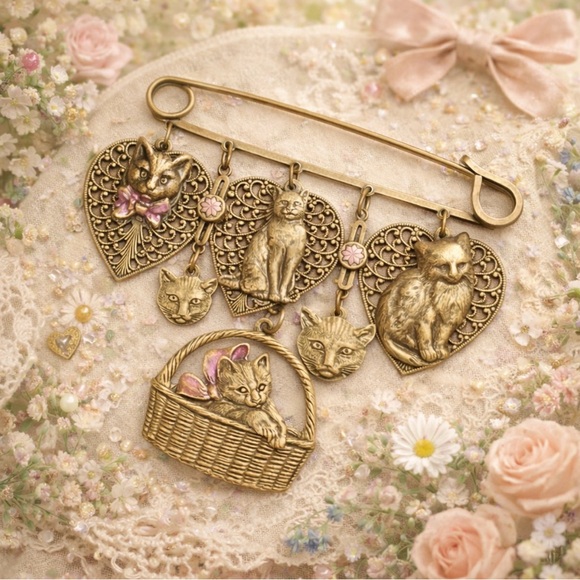 Vintage 70s Brass Cat Chatelaine Brooch Dangle Kitten Pin - Picture 3 of 5